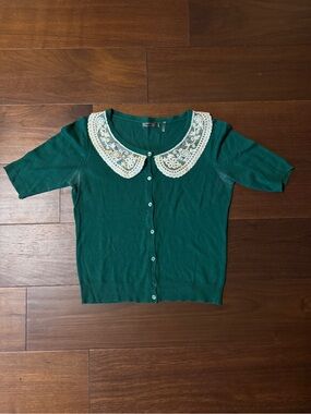 Green lace collar short sleeve cardigan
